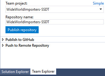 Advanced publish options display. Both the Team project and Repository name fields are set to WideWorldImporters-SSDT.